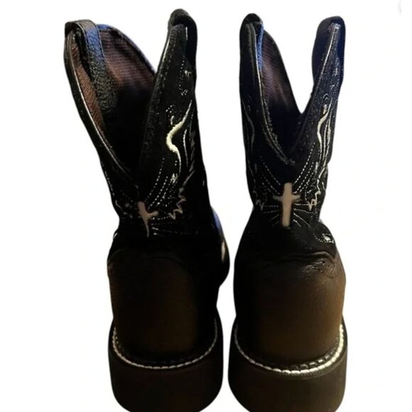 Justin Black Leather Western Boots With Embroidered Wing Design & Square Toe 8.5 - Picture 7 of 11